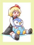  1girl black_shoes black_skirt black_vest blonde_hair blush_stickers bow bright_pupils commentary_request cookie_(touhou) fang full_body hair_bow highres itini-sanshi long_sleeves nadeko_(cookie) open_mouth piplup pokemon pokemon_(creature) red_bow red_eyes rumia shirt shoes short_hair simple_background sitting skirt skirt_set socks solo touhou two-tone_background vest white_background white_pupils white_shirt white_socks yellow_background 