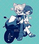  2girls b1ue_e4rth blue_background blue_eyes blue_hair blue_skirt blue_theme chibi chibi_only collared_shirt commentary_request cone_hair_bun double_bun frilled_sleeves frills fukurai_azami full_body hair_bun jasmine_(toshi_densetsu_kaitai_center) jumpsuit korean_commentary long_sleeves looking_at_viewer monochrome motor_vehicle multiple_girls outline pantyhose scooter shirt shoes short_hair sitting skirt smile speech_bubble standing toshi_densetsu_kaitai_center white_outline white_pantyhose white_shirt 
