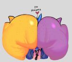 alphys anthro avian between_butts big_butt blue_body blue_feathers butt cellulite clothing collared_shirt deltarune dinosaur faceless_anthro faceless_character feathers female freckles group heart_symbol male mrxharlequinn necktie prehistoric_species purple_body reptile rocco_(roccorox) roccorox scalie shirt simple_background size_difference susie_(deltarune) tail text thick_thighs topwear trio undertale_(series) yellow_body