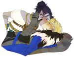  2boys absurdres alternate_universe armlet belt black_fur blue_belt blue_cape blush brown_belt cape chest_belt closed_eyes commentary cropped_torso curtained_hair dancer_(fire_emblem:_three_houses) dimitri_alexandre_blaiddyd english_commentary felix_hugo_fraldarius fire_emblem fire_emblem:_three_houses fur_trim hair_bun hand_on_another&#039;s_face highres jewelry kiss lying male_focus multiple_boys necklace on_back plaemon pointy_ears profile robe rope_belt short_hair short_sleeves single_hair_bun white_fur white_robe yaoi 