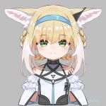  1girl absurdres animal_ears arknights artist_name bare_shoulders blonde_hair blue_hairband blush braid chinese_commentary closed_mouth commentary cropped_torso frilled_shirt frills green_eyes grey_background grey_hair hair_between_eyes hairband highres infection_monitor_(arknights) inset looking_at_viewer material_growth multicolored_hair official_art_inset oripathy_lesion_(arknights) photoshop_(medium) shirt short_hair signature simple_background smile solo split_mouth streaked_hair suzuran_(arknights) white_shirt y0f0j 