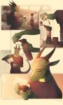 absurd_res anthro beverage black_horn clothed clothing coffee coffee_grinder comic container cup dragon eyes_closed green_body hi_res holding_container holding_cup holding_mug holding_object horn inside male male_anthro mouth_closed mug mythological_creature mythological_scalie mythology pink_eyes red_clothing red_shirt red_t-shirt red_topwear scalie shirt solo standing t-shirt topwear unknowhiter