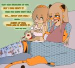 ambient_among_us anthro arm_sling bed blue_eyes boy_kisser_(meme) cast catsockjus circle_eyebrows clothing duo eyebrows felid female fur furniture green_eyes hair haven_(catsockjus) hi_res hospital_bed hospital_gown knife lagomorph leporid lily_(catsockjus) long_hair male male/female mammal meme multicolored_body multicolored_fur pantherine peeling_fruit pillow pupils rabbit shirt stripes tiger topwear white_pupils writing_on_cast