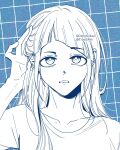  1girl adjusting_hair alternate_costume alternate_hairstyle b1ue_e4rth blue_theme commentary_request diagonal_bangs grid_background hair_down hand_on_own_head hand_up highres jasmine_(toshi_densetsu_kaitai_center) korean_commentary long_hair looking_at_viewer monochrome shirt solo t-shirt toshi_densetsu_kaitai_center upper_body 