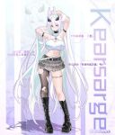  1girl absurdres alternate_costume arm_behind_head armlet armpits arms_up azur_lane bare_shoulders belt black_belt black_boots black_pantyhose blue_hair boots breasts changgong8745 character_name chinese_text cleavage cleavage_cutout clothing_cutout colored_inner_hair commentary copyright_name crop_top frilled_skirt frills grey_skirt hair_lift halterneck hands_in_own_hair headgear highres jewelry kearsarge_(azur_lane) large_breasts layered_skirt long_hair looking_at_viewer midriff miniskirt multicolored_hair pantyhose platform_boots purple_eyes shirt single_leg_pantyhose skirt sleeveless sleeveless_shirt solo spiked_armlet streaked_hair torn_clothes torn_pantyhose translation_request two-tone_hair very_long_hair white_background white_belt white_hair white_shirt y2k_fashion zoom_layer 