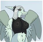 absurd_res anthro big_breasts biped black_clothing black_crop_top black_shirt black_topwear blue_background blue_body blue_feathers blue_scales bone_frill breasts clothed clothed_anthro clothed_female clothing collar colored crop_top elbow_feathers fang_(gvh) feathered_wings feathers female frill_(anatomy) front_view goodbye_volcano_high grey_body grey_feathers half-closed_eyes half-length_portrait hands_behind_back head_turned hi_res looking_at_viewer looking_down low-angle_view markings midriff narrowed_eyes navel non-mammal_breasts orange_eyes pattern_background portrait prehistoric_species pterodactylus pterosaur reptile scales scalie seductive shaded shadow shirt simple_background smile solo spiked_collar spikes spoldier standing striped_markings stripes tight_clothing tight_topwear topwear wings