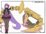  1girl ankle_boots arm_out_of_frame arm_up bare_shoulders boots bow breasts choker claws english_text fate/grand_order fate_(series) full_body grid_background hair_bow hanging_breasts highres huge_breasts long_hair looking_at_viewer mechanical_arms o-ring o-ring_top outside_border pantyhose passionlip_(fate) pink_bow pink_eyes purple_hair reference_sheet shirofujo signature single_sidelock very_long_hair 