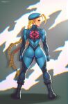  1girl absurdres arms_at_sides artist_name ass beret black_boots blonde_hair blue_bodysuit blue_eyes blue_hat bodysuit boots braid cammy_white chromatic_aberration clenched_hands closed_mouth commentary cosplay danderfull english_commentary from_behind hat highres long_hair looking_to_the_side low_twin_braids metroid muscular muscular_female profile samus_aran samus_aran_(cosplay) skin_tight solo standing street_fighter turning_head twin_braids very_long_hair zero_suit 