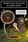 2025 ambiguous_gender animated_skeleton anthro bone book bucket campfire cape clothed clothing coal_(rakkuguy) container directional_arrow english_text eyelashes eyes_closed female_(lore) fingers fire goo_creature grass green_body grey_body group hi_res holding_book holding_object hole_(pit) kobold lime_(rakkuguy) log lying musical_note musical_symbol night on_side outside plant question question_mark rakkuguy red_cape red_clothing robe scalie shadow shelley_(rakkuguy) sitting sitting_on_log skeleton sleeping sound_effects staff symbol tail text text_box trio undead vowelless vowelless_sound_effect white_text wood zzz