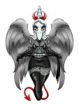 3:4 alternate_costume anthro armwear biped black_clothing black_gloves black_handwear black_legwear black_thigh_highs blue_body blue_scales bone_frill breasts clothed clothed_anthro clothed_female clothing collar colored costume devil_costume elbow_gloves eyeshadow fake_horns fang_(gvh) feathered_wings feathers female fishnet_clothing fishnet_legwear fishnet_topwear frill_(anatomy) front_view gloves goodbye_volcano_high grey_body grey_feathers grey_hair hair half-closed_eyes handwear hi_res kaewhy legwear long_hair looking_at_viewer makeup markings medium_breasts midriff narrowed_eyes navel orange_eyes portrait prehistoric_species pterodactylus pterosaur reptile scales scalie simple_background solo spade_tail spiked_collar spikes striped_markings stripes tail thigh_gap thigh_highs three-quarter_portrait topwear whip white_background wings