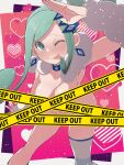  1girl blue_eyes blue_hair blush border breasts fujiwara_hiro_(kaede_ciao) highres keep_out lisia_(pokemon) long_hair one_eye_closed open_mouth pink_background pokemon pokemon_oras solo_focus white_border 