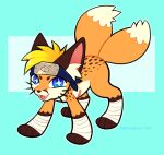 2022 4_toes accessory artist_name bandage bandaged_leg black_nose blonde_hair blue_background blue_eyes blue_headband brown_eyebrows brown_markings canid canine chest_scar chotpot colored dated digital_drawing_(artwork) digital_media_(artwork) dipstick_tail english_description eyebrows fangs feet feral feralized fox fox_spirit fur fur_markings hair headband inner_ear_fluff light lighting male male_feral mammal markings multicolored_body multicolored_fur naruto naruto_uzumaki open_mouth open_smile orange_body orange_fur orange_tail paws pink_inner_ear pink_scar pink_tongue quadruped rectangle scar shaded short_hair simple_background simple_shading smile solo standing tail tail_markings tan_inner_ear_fluff tan_tail_tip teeth text toes tongue tuft two_tone_tail whiskers