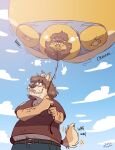 anthro belly body_inflation brown_hair canid canine canis claws clothed clothing cloud creaking domestic_dog duo english_text expansion felid floating fur grin hair held_by_string helium_inflation hi_res holding_string hyper hyper_inflation immobile inflation lion low-angle_view male mammal mane motion_lines outside overweight overweight_anthro overweight_male pantherine ruffus_woofus ruffy_(ruffus_woofus) smile snout_tied spherical_inflation swollen_cheeks tail tail_motion tailwag tan_body tan_fur teeth text