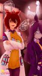  2girls agnes_tachyon_(umamusume) animal_ears ax4ntii belt black_belt black_coat black_eyeliner black_necktie black_pantyhose black_shirt black_skirt brown_hair closed_mouth coat collared_shirt cork crossed_bangs ear_tag earrings eyeliner frown giving_up_the_ghost hair_between_eyes hair_over_one_eye highres holding holding_test_tube horse_ears horse_girl horse_tail jewelry lab_coat long_bangs looking_at_another lying makeup manhattan_cafe_(umamusume) multiple_girls necktie on_back on_ground open_clothes open_coat open_mouth pantyhose pleated_skirt purple_hair red_eyes shirt short_hair short_necktie single_earring skirt smile speech_bubble sweatdrop sweater tail test_tube turn_pale umamusume white_coat wide-eyed yellow_eyes yellow_necktie yellow_sweater 