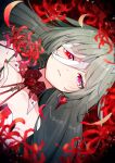  1girl absurdres collarbone commentary earrings fingernails grey_hair highres jewelry long_hair looking_at_viewer loose_bandages nail_polish parted_lips phrolova_(wuthering_waves) portrait red_eyes red_nails red_spider_lily sideways smile solo twitter_username usako_(usako1031) wuthering_waves 