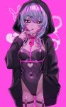  1girl black_jacket black_leotard blue_hair breasts clothing_cutout cowboy_shot cutout_above_navel hand_in_pocket hatsune_miku heart_cutout highres jacket leotard mask medium_breasts medium_hair mouth_mask multicolored_hair navel pink_background pink_hair rabbit_hole_(vocaloid) simple_background skindentation solo spaghetti_strap streaked_hair surgical_mask teardrop_facial_mark thigh_strap tongue tongue_out two-tone_hair vocaloid waytok 