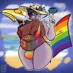 areola beach big_areola big_breasts bikini black_body black_fur black_lips black_nails blue_tongue bodily_fluids bovid breasts brown_body brown_fur bulge canid canine caprine clothing colored_nails dialogue eyewear fur glasses gynomorph hair hat headgear headwear hi_res hybrid intersex lgbt_pride lips mammal multicolored_body multicolored_fur multicolored_hair nails nipple_slip overweight overweight_intersex patty_(terryeternity) pride_color_bodypaint pride_color_clothing pride_color_flag pride_colors progress_pride_colors progressive_pride_flag purple_body purple_fur round_glasses sea speech_bubble sun_hat sweat swimwear terryeternity tongue transgender_pride_colors two-piece_swimsuit unusual_eyes water