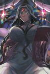  1girl artist_name black_hair book breasts cleavage commentary copiki_017 dark-skinned_female dark_skin dress fate/grand_order fate_(series) green_eyes highres holding holding_book indoors large_breasts long_hair official_alternate_costume open_mouth scheherazade_(fate) smile solo stuffed_animal stuffed_toy teddy_bear teeth twitter_username upper_teeth_only white_dress yousei_sugoroku_mushikago_yuugi 