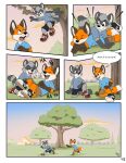 ailurid anthro art_(pandapaco) biro_(pandapaco) bottomwear canid canine chasing cheek_tuft clothed clothing comic detailed_background dialogue dipstick_tail english_text eyewear facial_tuft falling_on_another feet_together footwear fox fully_clothed furniture gloves_(marking) hi_res jumping laugh laughing_at_another male mammal markings murid murine pandapaco plant procyonid raccoon rodent shoes smile speech_bubble swing tail tail_markings text topwear tree tuft