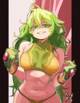  1girl :3 absurdres artist_name bikini bikini_bottom_only boku_no_hero_academia breasts colored_eyelashes commentary cowboy_shot crop_top deku&#039;s_photo_of_hagakure_toru drizzlewashere english_commentary gloves green_bikini green_gloves green_hair hagakure_toru half-closed_eyes hands_up highres long_hair multicolored_hair navel official_alternate_costume parted_lips pink_hair pointing pointing_at_self scanlines solo streaked_hair swimsuit thighs turtleneck_bikini_top twitter_username unusually_visible very_long_hair white_background white_mouth yellow_bikini 