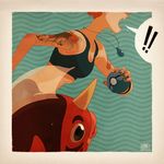  bikini blue_bikini claire_hummel fish gen_1_pokemon highres holding holding_poke_ball jewelry kasumi_(pokemon) midriff necklace open_mouth poke_ball pokemon pokemon_(creature) pokemon_(game) pokemon_frlg seaking shouting signature swimsuit tattoo 