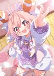  +_+ 1girl :3 :d absurdres ahoge arm_up ascot beret blurry blurry_background blush capelet commission depth_of_field dot_nose facial_mark food food_on_face from_above fruit hair_between_eyes hat highres indoors lens_flare long_sleeves looking_at_viewer newsboy_cap nijisanji open_mouth outstretched_arm pink_hair puffy_long_sleeves puffy_shorts puffy_sleeves purple_ascot red_eyes rug shiro9jira shirt short_hair shorts skeb_commission smile solo sparkle standing star_(symbol) strawberry symbol-shaped_pupils symbol_in_eye thighhighs ushimi_ichigo ushimi_ichigo_(1st_costume) v v-shaped_eyebrows virtual_youtuber w white_shorts white_thighhighs wooden_floor 