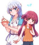  2girls :o :t absurdres black_shorts blue_butterfly blue_eyes blue_sleeves blush bowl bug butterfly child closed_mouth commentary cowboy_shot dress eyes_visible_through_hair food frilled_dress frills grey_eyes hair_between_eyes hair_ornament hairclip hands_up height_difference highres holding holding_bowl holding_food holding_popsicle katou_umi long_hair looking_at_viewer mixed-language_commentary multiple_girls naruse_shiroha nyaa_(nnekoron) open_mouth orange_shirt outstretched_hand parallel_hairclips pink_hair popsicle pout ringed_eyes shirt short_sleeves shorts sidelocks simple_background sleeveless sleeveless_shirt summer_pockets two_side_up very_long_hair watermelon_bar white_background white_dress white_hair 