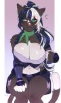 anthro big_breasts bodily_fluids breasts clothing felid feline female green_eyes hair hi_res jacket long_hair mammal mephitid nyushi shy simple_background sitting skunk solo sweat sweatdrop thick_thighs topwear wide_hips