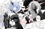  3boys 4girls ;o ahoge black_dress blue_hair breasts cleavage commentary_request dress elf elf_elysia elysia_(honkai_impact) flame_reaver_of_the_deepest_dark halo highres hino_satoshi holding holding_staff honkai:_star_rail honkai_(series) honkai_impact_3rd in-franchise_crossover irontomb kevin_kaslana korean_commentary korean_text long_hair multiple_boys multiple_girls one_eye_closed phainon_(honkai:_star_rail) pointy_ears raiden_mei raiden_mei_(herrscher_of_thunder) red_eyes seza_(enlwnaos) smile staff translation_request v 