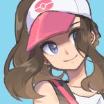  1girl baseball_cap blue_background brown_hair grey_eyes hat hilda_(pokemon) looking_to_the_side nosutaal pokemon pokemon_bw simple_background smile solo upper_body 