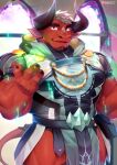  1boy absurdres bara beard booboo_(19816236) cow_boy cow_horns cow_tail darius_(kemo_coliseum) english_commentary facial_hair furry furry_male hand_on_own_hip highres horns kemo_coliseum looking_at_viewer male_focus muscular muscular_male open_mouth paid_reward_available red_eyes smile sparkle tail 