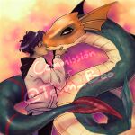 1:1 ambiguous_gender aquatic_dragon bandai_namco belly bestiality bestiality_kiss blush brown_hair clothed clothing cloudy_background colorful_theme digimon digimon_(species) digiphilia distracting_watermark dragon duo eyes_closed feral fin frill_(anatomy) fully_clothed green_body green_scales hair head_crest head_frill hi_res holding_chin hoodie human human_on_feral interspecies kissing male male/ambiguous male_on_feral mammal marine mythological_creature mythological_scalie mythology red_stripes red_tail romantic romantic_couple scales scalie seadramon serpentine stripes tail tail_fin teemble topwear watermark white_belly yellow_face