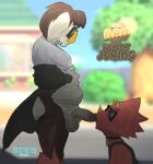 2025 animal_crossing anthro anthro_on_anthro anthro_penetrated anthro_penetrating anthro_penetrating_anthro balls belly big_balls big_penis blurred_background blush bodily_fluids bottomless bottomless_anthro bottomless_male chameleon choker clothed clothing day dialogue duo english_text erection eugene_(animal_crossing) eyewear fellatio flick_(animal_crossing) fur genitals glans hi_res horn humanoid_genitalia humanoid_penis jacket jewelry koala ledange lizard male male/male male_penetrated male_penetrating male_penetrating_male mammal marsupial necklace nintendo open_clothing open_jacket open_topwear oral oral_penetration outside penetration penile penis penis_in_mouth plant reptile scales scalie sex shallow_penetration shirt side_view slightly_chubby slightly_chubby_anthro slightly_chubby_male smile standing sunglasses sweat tank_top text topwear tree tuft vombatiform watermark