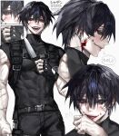  1boy abs absurdres aegyo_sal biceps black_gloves black_hair black_shirt blood blood_on_face blue_eyes blush closed_mouth collarbone compression_shirt double-parted_bangs earrings evil_smile eyes_visible_through_hair face_piercing fangs fingerless_gloves gloves hair_between_eyes hair_over_one_eye highres holding holding_knife jewelry knife licking licking_hand looking_at_viewer looking_to_the_side male_focus mouth_piercing multiple_views muscular muscular_male open_mouth original pectorals piercing red_pupils ringed_eyes scar scar_on_arm scar_on_face scar_on_neck shirt short_hair simple_background sleeveless sleeveless_shirt slit_pupils smile speech_bubble syaden thought_bubble tongue tongue_out tongue_piercing white_background 