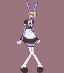  1boy animal_ears apron arms_at_sides black_bow black_dress black_eyes black_shoes black_sleeves blush bow clenched_hands clothing_cutout collared_dress colored_sclera colored_teeth contrast_collar dress embarrassed english_commentary fewer_digits flat_color flying_sweatdrops footwear_bow frilled_apron frilled_headwear frilled_sleeves frills full_body furry glove_cuffs gloves gooseworx heart_cutout highres jax_(the_amazing_digital_circus) knees_together_feet_apart looking_to_the_side maid maid_apron maid_headdress official_art petticoat platform_shoes puffy_short_sleeves puffy_sleeves purple_background purple_fur rabbit_boy rabbit_ears shaking shoes short_dress short_sleeves simple_background small_pupils solo square-shaped_pupils square_pupils sweatdrop teeth the_amazing_digital_circus thighhighs white_gloves white_headdress white_petticoat white_thighhighs wing_collar yellow_sclera yellow_teeth 