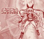  1girl animal_ears boots brown_theme choujikuu_yousai_macross commentary_request ear_covers full_body horse_ears horse_girl long_hair long_sleeves looking_at_viewer lowres machine macross midriff monochrome navel open_mouth pants shiodanx shirt smile socks solo tamamo_cross_(umamusume) umamusume v-shaped_eyebrows 