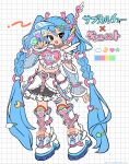  1girl black_eyes blue_hair boots candy commentary cute_x_subculture_hatsune_miku_design_contest cyber_fashion decora fashion food hair_extensions hatsune_miku headset highres holding holding_candy holding_food holding_lollipop lollipop long_hair midriff_peek radio_antenna rainbow ramudia_(lamyun) raver ring_hair_extensions see-through_clothes see-through_sleeves skirt solo symbol-only_commentary very_long_hair visor_cap vocaloid wallet_chain white_boots white_skirt 