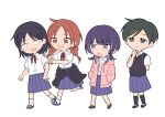  4girls :d :o arm_behind_back black_eyes black_hair black_socks black_sweater_vest blunt_bangs blush braid breast_pocket brown_eyes brown_hair chibi chibi_only clothes_around_waist collared_shirt commentary_request dress_shirt fujii_ayame full_body futsuu_no_keion-bu grey_eyes hair_ornament hairpin hand_on_another&#039;s_shoulder hand_up hands_in_pockets hatono_chihiro heartbreak_(futsuu_no_keion-bu) highres hood hood_down hooded_jacket jacket jacket_around_waist kouyama_rin long_hair looking_at_another mole mole_under_eye multicolored_hair multiple_girls neck_ribbon open_clothes open_jacket osada_sushi parted_bangs pink_jacket pixie_cut pleated_skirt pocket purple_eyes purple_hair purple_sandals purple_skirt red_ribbon ribbon sandals sanpaku school_uniform shirt shirt_tucked_in short_hair short_sleeves skirt slides smile socks standing summer_uniform sweater_vest twin_braids twintails two-tone_hair uchida_momo white_shirt white_socks wing_collar wolf_cut 