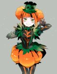  1girl ayumaru_(art_of_life) black_gloves disneyland double_bun dress gloves green_eyes hair_bun halloween halloween_costume hat highres long_hair looking_at_viewer orange_hair ribs simple_background smile solo thighhighs white_background 