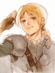  1boy armor berserk blonde_hair brown_gloves fingerless_gloves frilled_shirt_collar frills gloves grey_eyes hand_up judeau_(berserk) looking_at_viewer low_ponytail male_focus medium_hair pauldrons ponytail qaiiri shoulder_armor simple_background smile solo upper_body white_background 