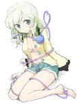  adapted_costume barefoot bra casual contemporary cutoffs denim green_eyes green_hair heart heart_of_string kiyu_(queue) komeiji_koishi open_clothes open_shirt pink_bra shirt short_shorts shorts sitting sketch smile solo third_eye touhou underwear wariza 