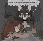 2025 after_sex angel_(raccoattack) anthro bed bedding blanket blush blush_lines bodily_fluids breasts brown_body brown_hair choker claws curly_hair detailed digital_drawing_(artwork) digital_media_(artwork) duo ear_piercing english_text eyebrow_through_hair eyebrows eyelashes eyes_closed female female/female fur furniture grey_body grey_fur grey_hair hair hi_res hug jewelry lying mammal mustelid necklace on_back on_bed on_side otter piercing procyonid racc_(raccoattack) raccoattack raccoon sweat tail text thought_bubble translucent translucent_hair whiskers