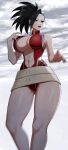  1girl ass_visible_through_thighs belt belt_skirt black_eyes black_hair boku_no_hero_academia breasts commentary_request hair_pulled_back highres large_breasts leotard leotard_pull navel open_clothes open_leotard open_mouth outdoors overcast red_leotard senju_(snz0) sky solo teeth wet yaoyorozu_momo 