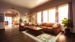  carpet ceiling_light couch curtains fern glowing highres living_room no_humans non-web_source official_art our_life our_life:_beginnings_and_always photo_(object) pillow plant potted_plant scenery sunset table tile_floor tiles variant_set wall_lamp window_light wooden_floor wooden_table 