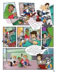 ailurid anthro art_(pandapaco) bear bottomwear canid canine cheek_tuft clothed clothing comic crashing detailed_background dialogue dipstick_tail dizzy duo english_text eyewear facial_tuft falling_down feet_together food footwear fox fully_clothed gloves_(marking) hi_res human lagomorph leporid male mammal markings pandapaco procyonid rabbit raccoon scratch shoes speech_bubble tail tail_markings text tuft