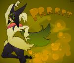 2022 anthro artist_name black_body black_claws black_eyebrows bodily_fluids cape claws clothing cute_fangs domestic_cat eyebrows eyelashes fangs fart fart_cloud fart_fetish felid feline felis female fur generation_9_pokemon green_background green_body green_fur hi_res jubb mammal mask meowscarada motion_lines navel nintendo open_mouth orange_fart_cloud pink_nose pokemon pokemon_(species) pose raised_leg shaking simple_background solo sound_effects sweat sweatdrop teeth text vowelless vowelless_sound_effect