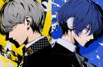  2boys asano_(kazusasn) black_jacket black_ribbon blue_background blue_eyes blue_hair commentary_request gekkoukan_high_school_uniform grey_eyes grey_hair headphones highres jacket multiple_boys narukami_yu neck_ribbon persona persona_3 persona_4 persona_q:_shadow_of_the_labyrinth persona_q_(series) ribbon school_uniform shirt short_hair split_screen white_shirt yasogami_school_uniform yellow_background yuuki_makoto_(persona_3) 
