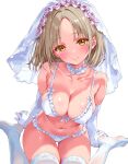  1girl absurdres alternate_costume bed_sheet blush bra breasts bridal_gauntlets bridal_lingerie bridal_veil brown_eyes brown_hair cleavage commentary_request covered_nipples elbow_gloves frilled_bra frilled_panties frills gloves highres iwato_(celler) lingerie looking_at_viewer medium_breasts mole mole_under_eye navel on_bed original panties simple_background sitting smile solo thighhighs underwear veil wariza white_background white_bra white_gloves white_panties white_thighhighs 