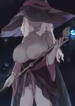  1girl absurdres alternate_skin_color bare_shoulders black_dress breasts cleavage commentary commission dark-skinned_female dark_skin dress elden_ring elden_ring_nightreign hat highres holding huge_breasts inverted_nipples large_hat long_hair nipples painnico purple_hat purple_sleeves recluse_(elden_ring) solo white_hair witch witch_hat wooden_staff 