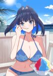  1girl alternate_costume beach bikini blue_bikini blue_eyes blue_hair blue_sky breasts cleavage collarbone commentary earrings eating food hair_intakes highres holding holding_spoon hololive hololive_english jewelry large_breasts ouro_kronii outdoors parted_lips shaved_ice short_hair sitting sky smile solo spoon sun swimsuit symbol-only_commentary user_ckjz8743 virtual_youtuber 